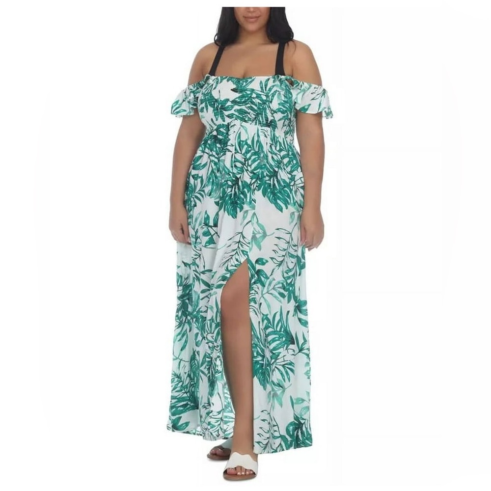 Boho Me plus size Elegant Green Leaf Print Maxi Dress